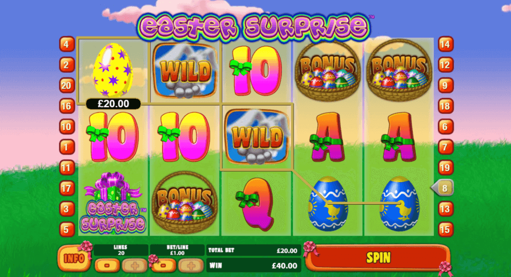 Os gráficos e efeitos sonoros do Easter Surprise slot.