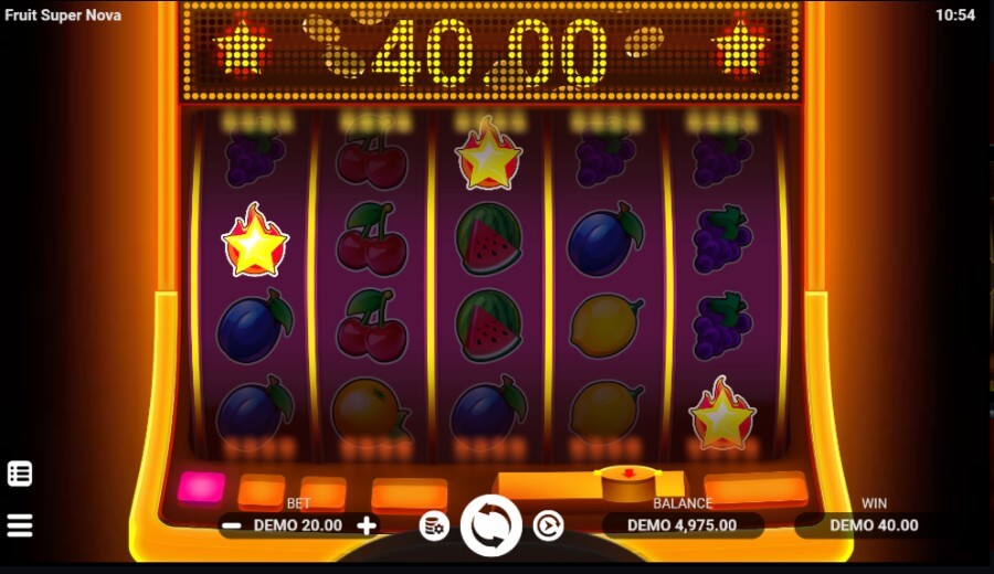 Gráficos e som do Fruit Super Nova slot.